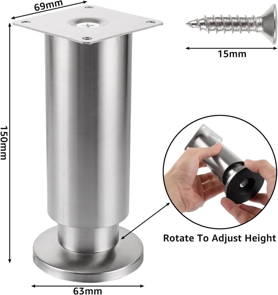 Fotelis Ldhhyh 4 baldų kojų rinkinys, 15 cm, nerūdijantis plienas, sofos kojos, 15 cm, baldų kojos, metalinės, sidabrinės, reguliuojamos, apkrova iki 250 kg, apvalios baldų kojos, sofos kojelės, baldų kojos, pagrindas