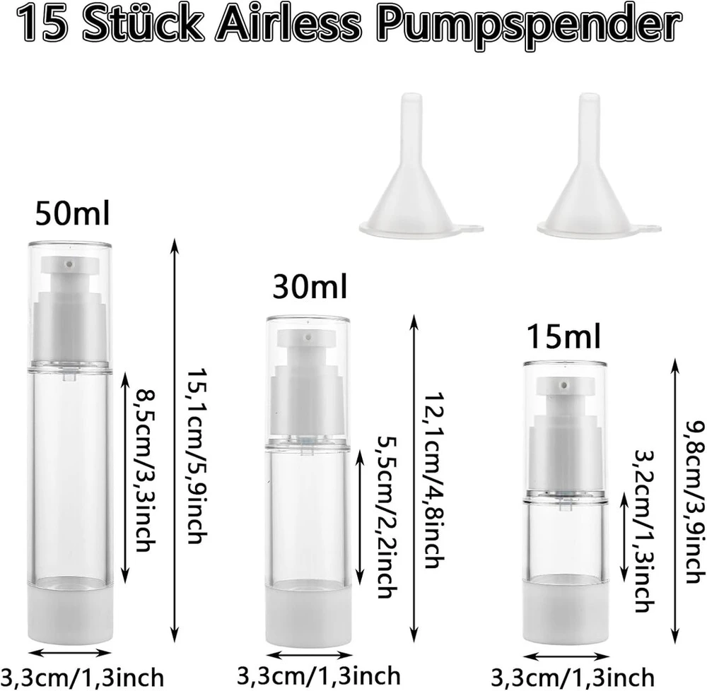 Ldxdru 15 vnt. beoris pompinis dozatorius 15 ml, 30 ml, 50 ml vakuuminis losjono dozatoriaus buteliukas plastikinis kremo dozatorius su piltuvėliu, ventiliuojama vakuuminė kosmetikos talpykla kelionėms ir namams