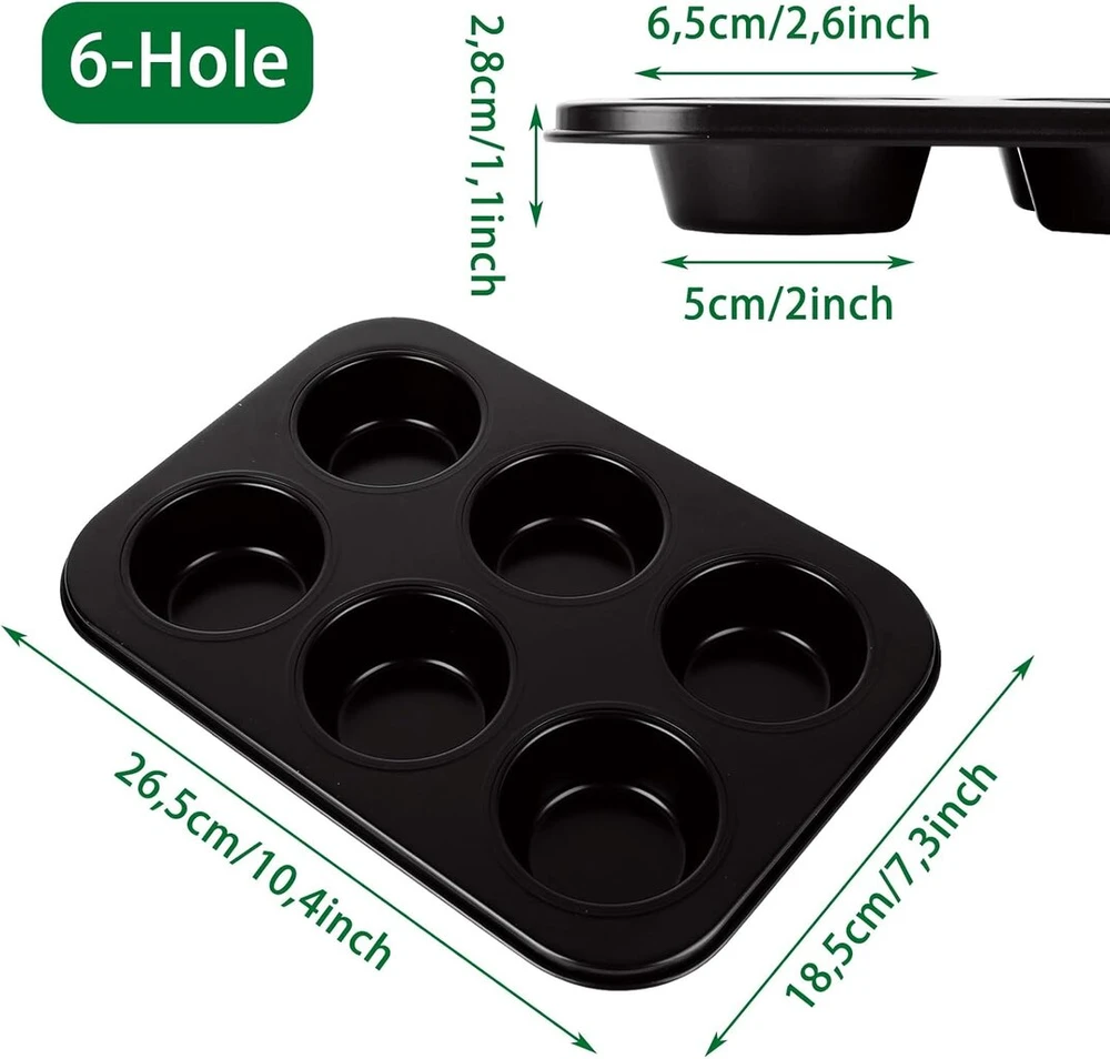 Ldxdru 3 vnt. keksiukų kepimo skarda 26,5 x 18,5 x 2,8 cm, 6 keksiukų kepimo formelės, metalizuota nelipni danga, formelės keksiukams, pyragaičiams, tortams, pudingui