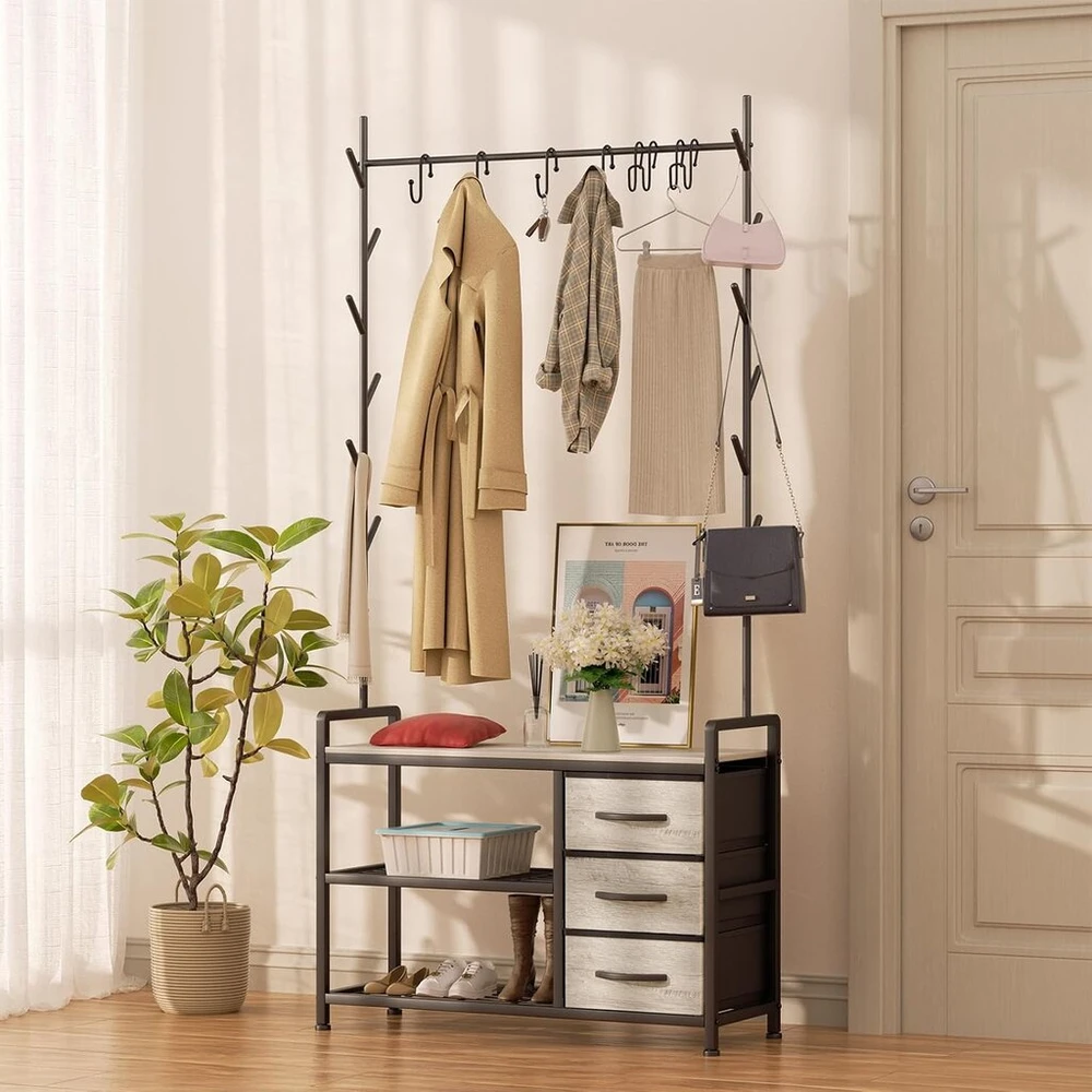 Leader Accessories drabužių kabykla su suoliuku, metalinė rūbų kabykla, rustikinė, 176 x 30 x 84 cm (a x G x P), juoda/šviesiai pilka medžio imitacija