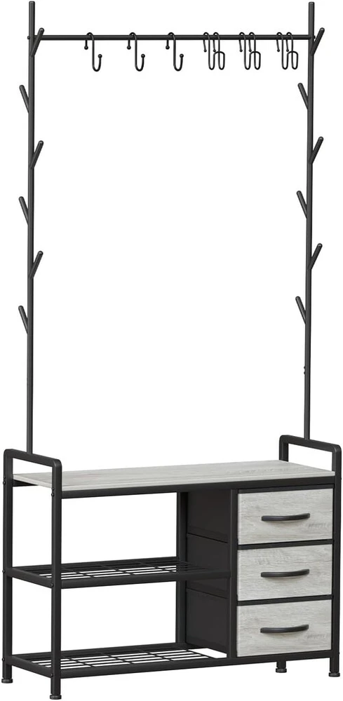 Leader Accessories drabužių kabykla su suoliuku, metalinė rūbų kabykla, rustikinė, 176 x 30 x 84 cm (a x G x P), juoda/šviesiai pilka medžio imitacija