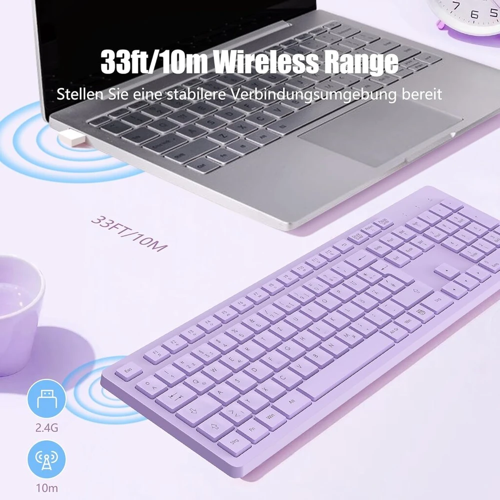 Leadsail belaidė klaviatūra Qwertz vokiečių išdėstymas Usb jungtis 2,4 Ghz belaidė klaviatūra su multimedijos klavišais, natūralaus dydžio, suderinama su Pc, kompiuteriu, nešiojamuoju kompiuteriu, Windows, violetinė