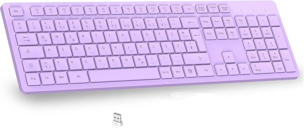 Leadsail belaidė klaviatūra Qwertz vokiečių išdėstymas Usb jungtis 2,4 Ghz belaidė klaviatūra su multimedijos klavišais, natūralaus dydžio, suderinama su Pc, kompiuteriu, nešiojamuoju kompiuteriu, Windows, violetinė