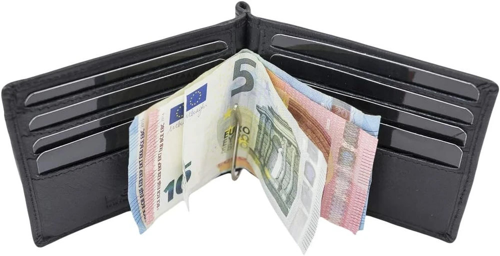 Leas dolerių spaustukas su skyreliu monetoms, rfid pinigų spaustukas, plokščias pinigų spaustukas, itin plonas 8 kortelėms, natūrali oda, piniginė su dovanų dėžute, juoda, juodas, amerikietiškas