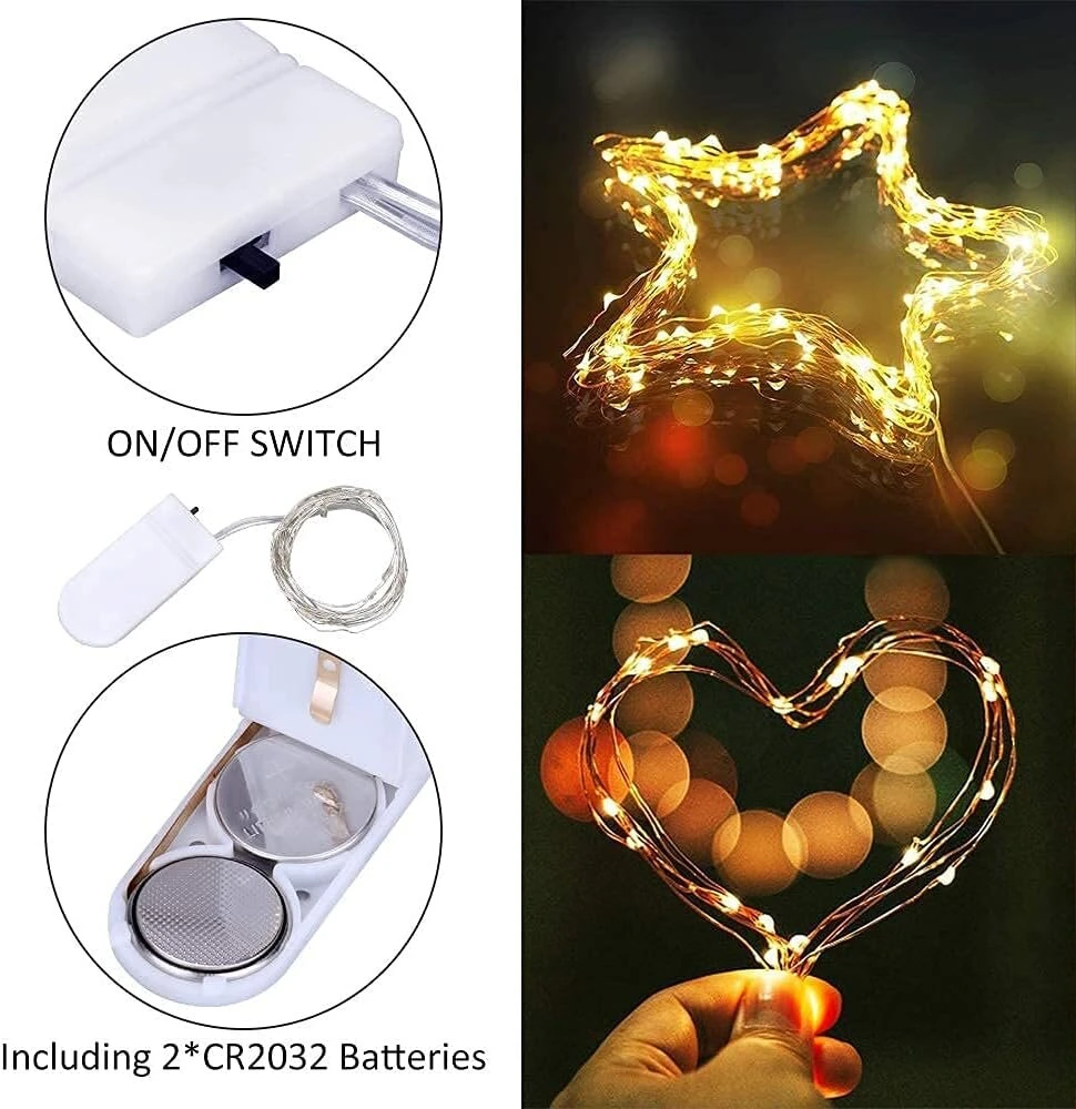 Led dekoratyvinės lemputės su baterijomis, 15 vnt., 2 m, 20 led, varinės vielos dekoratyvinės lemputės ip67 atsparios vandeniui, šiltai baltos vielos dekoratyvinės lemputės vakarėliams, vestuvėms, kalėdinėms dekoracijoms, apšvietimui, šilta balta spalva