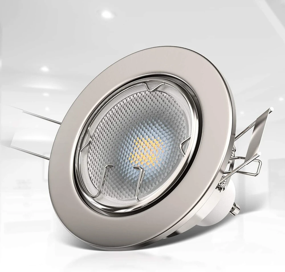 Led įleidžiamas prožektorius, pasukamas, rinkinį sudaro: 10 x 5 W Gu10 Ip23 led įleidžiamas lubinis prožektorius, įleidžiami prožektoriai 230 V šiltai balta metalo matinio nikelio spalvos, 10 vnt.