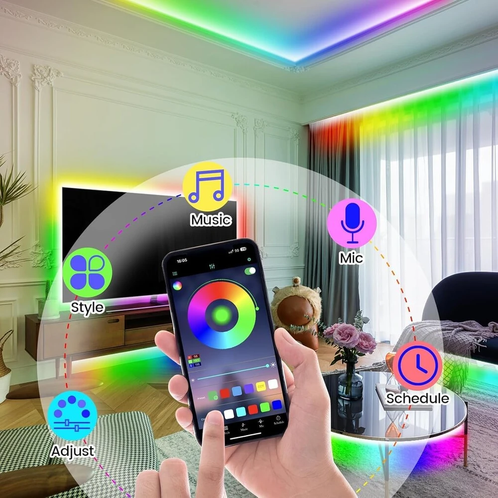 Led juosta, 5 m rgb led juosta, bluetooth muzikos sinchronizavimas, pritemdoma, spalvą keičiančios led girliandos, šviesos juosta, lipni su programėlės valdymu, namams, vakarėliams