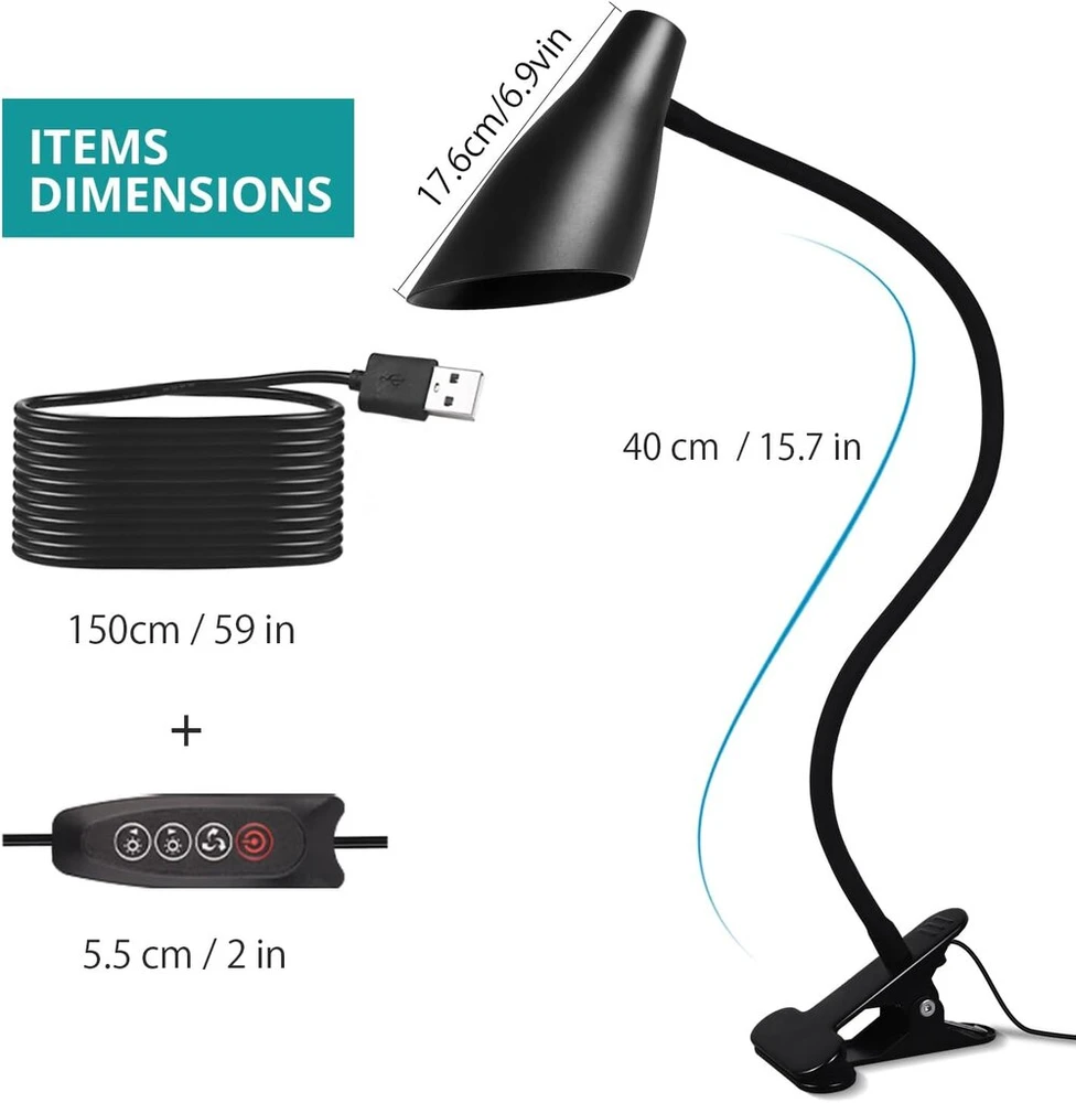 Led klipsinė lemputė, Usb stalinė lempa, 3 spalvų režimai, 10 ryškumo lygių