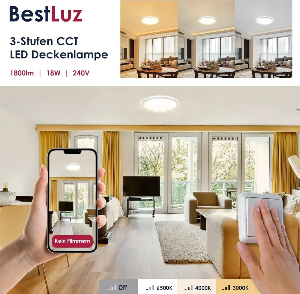 Led lubinis šviestuvas, trijų pakopų, skersmuo 30 cm, 3000 k/4000 k/6500 k, 18 w, 1800 lm, ip44 lubinis šviestuvas su apšvietimo efektu, led panelė svetainei, miegamajam, virtuvei, vonios kambariui, itin plonas