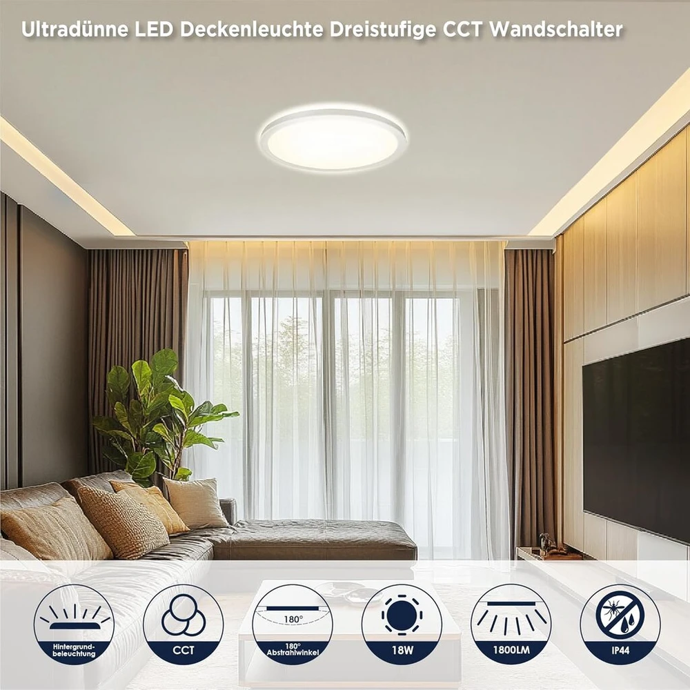 Led lubinis šviestuvas, trijų pakopų, skersmuo 30 cm, 3000 k/4000 k/6500 k, 18 w, 1800 lm, ip44 lubinis šviestuvas su apšvietimo efektu, led panelė svetainei, miegamajam, virtuvei, vonios kambariui, itin plonas