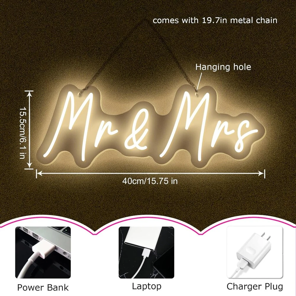 Led Neoninis ženklas „mr & Mrs“ – romantiška sienos dekoracija