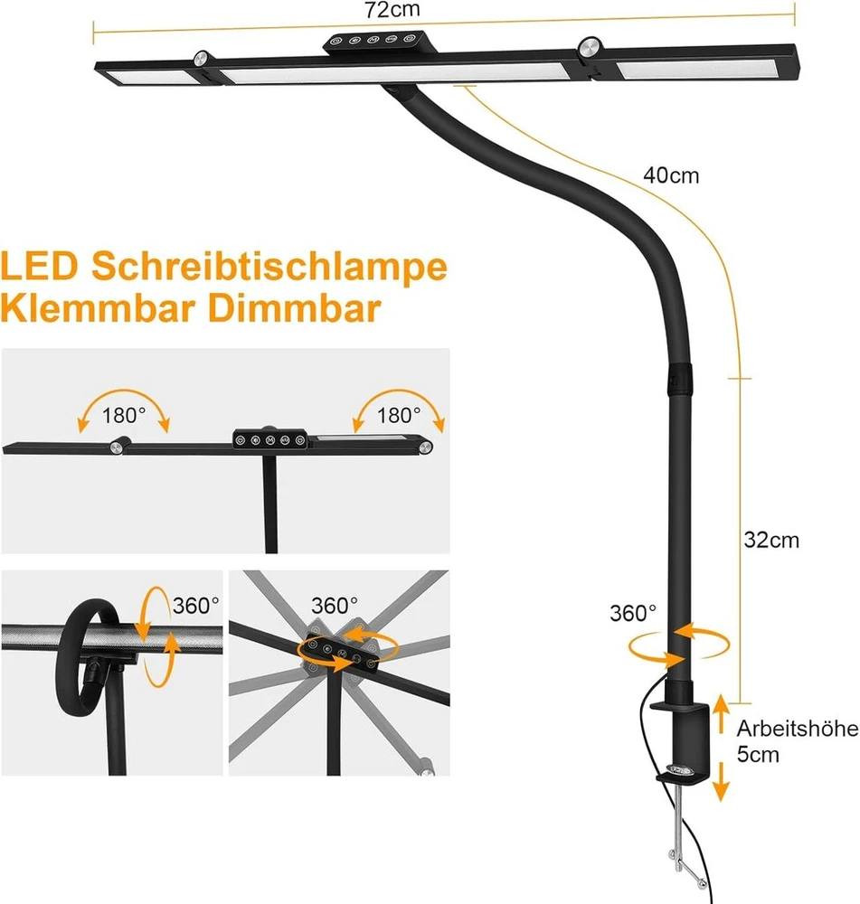 Led reguliuojamo ryškumo prisegamas juodas stalinė lempa su jutikliniu valdikliu, monitoriaus lempa, 70 cm ilgio, 24 w, skirta namų biurui, lanksti stalinė lempa biuro darbuotojams, skaitytojams ir architektams