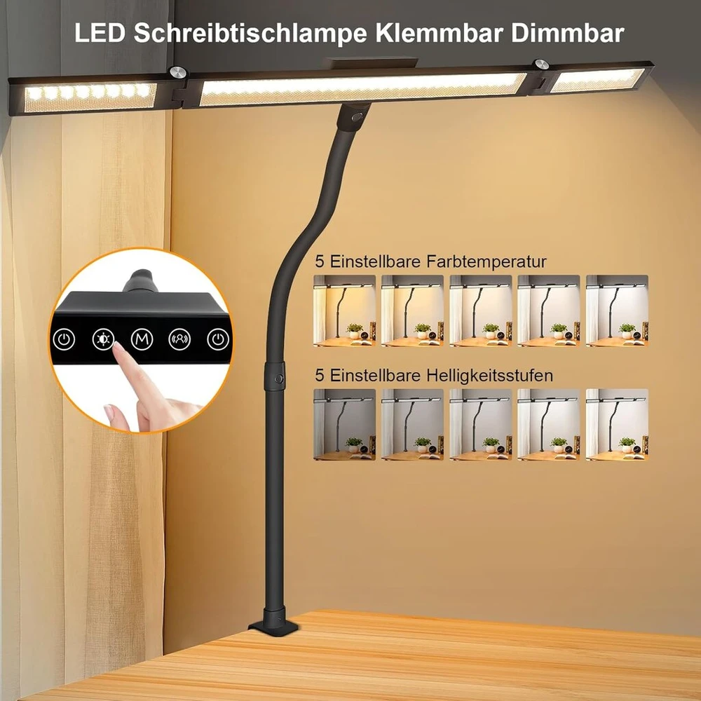 Led reguliuojamo ryškumo prisegamas juodas stalinė lempa su jutikliniu valdikliu, monitoriaus lempa, 70 cm ilgio, 24 w, skirta namų biurui, lanksti stalinė lempa biuro darbuotojams, skaitytojams ir architektams
