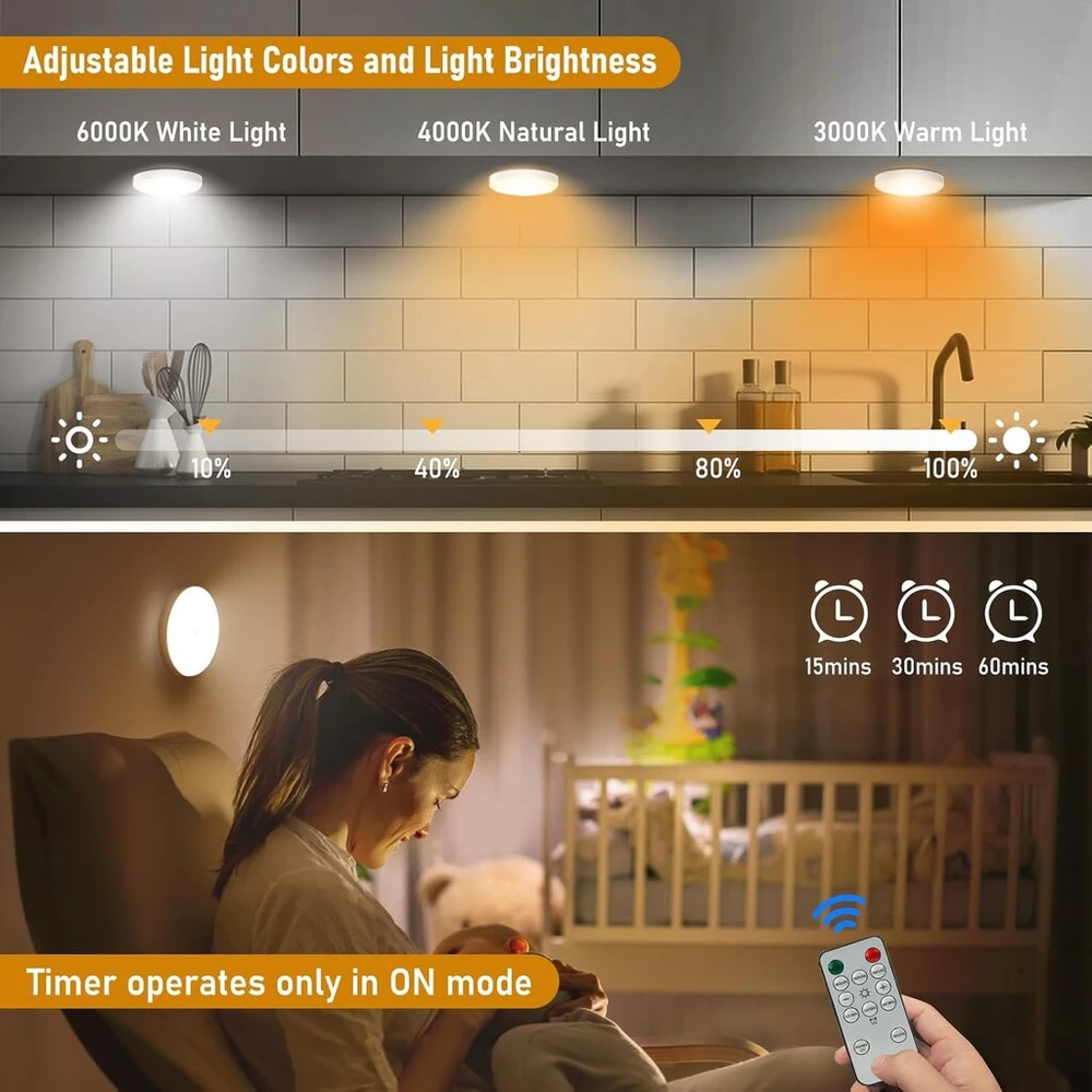 Led virtuvės spintelės apšvietimas su nuotoliniu valdymu, spintelės šviestuvas su judesio davikliu, 3 spalvų temperatūros, įkraunamas per usb, pritemdomas belaidis vitrinos apšvietimas virtuvei