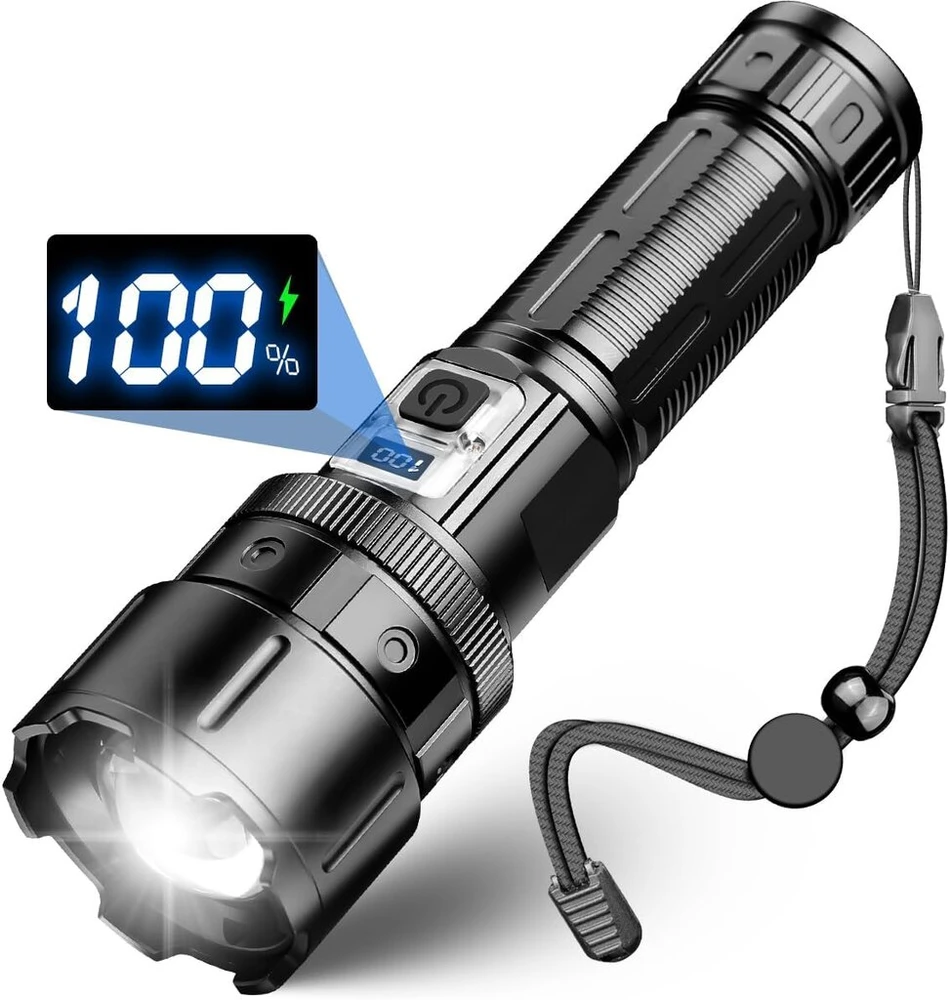 Led žibintuvėlis, įkraunamas, itin ryškus 100 000 liumenų žibintuvėlis, maitinamas baterijomis, usb, baterijinis žibintuvėlis, priartinimas, atsparus vandeniui su 5 šviesos režimais, skirtas stovyklavimui, žygiams, avariniams atvejams