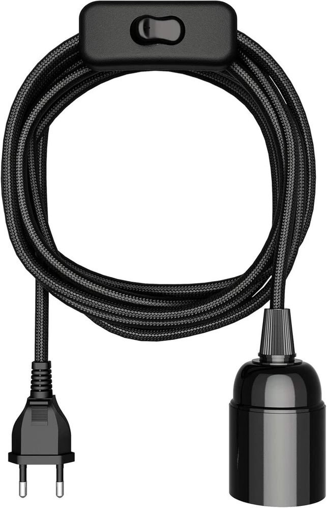Ledscom.de leha tekstilinis kabelis su kištuku, jungikliu ir e27 lizdu, juodas, 3 m (galima pasirinkti lemputę)