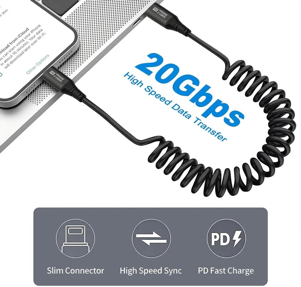 Leehitech spiralinis usb c–usb c kampinis kabelis (0,5 m–1,8 m) 20 gbps 100 w greito įkrovimo kabelis automobiliui, mobiliojo telefono įkrovimo kabelis 8k @ 60 hz, 90 laipsnių duomenų kabelis, skirtas iphone 16/15 pro max, galaxy s24/s23