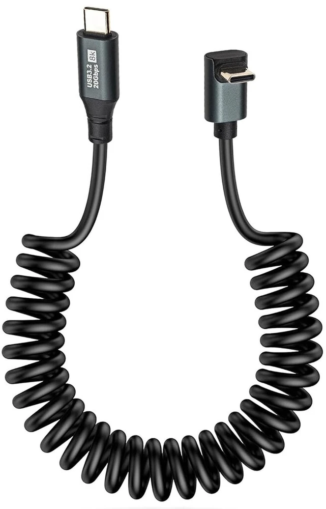 Leehitech spiralinis usb c–usb c kampinis kabelis (0,5 m–1,8 m) 20 gbps 100 w greito įkrovimo kabelis automobiliui, mobiliojo telefono įkrovimo kabelis 8k @ 60 hz, 90 laipsnių duomenų kabelis, skirtas iphone 16/15 pro max, galaxy s24/s23