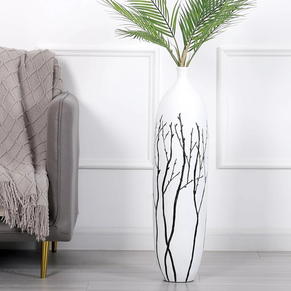 Leewadee didelė grindų vaza pampų žolei ir gėlėms, 80 cm aukščio, balta, derva