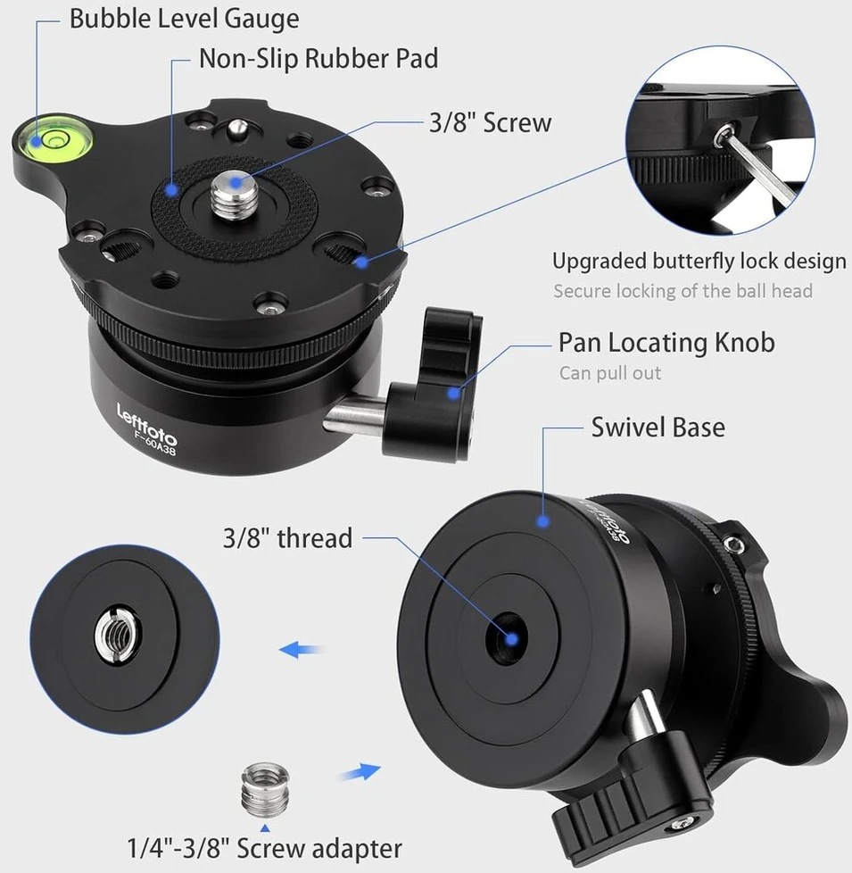 Leftfoto Precision trikojo niveliavimo pagrindo plokštės laikiklis, skirtas nuotraukų priedams, 360 laipsnių pasukimas ir +/- 15° pakreipimas, suderinamas su Dslr vaizdo kameromis ir monopiedais, palaiko iki 10 kg
