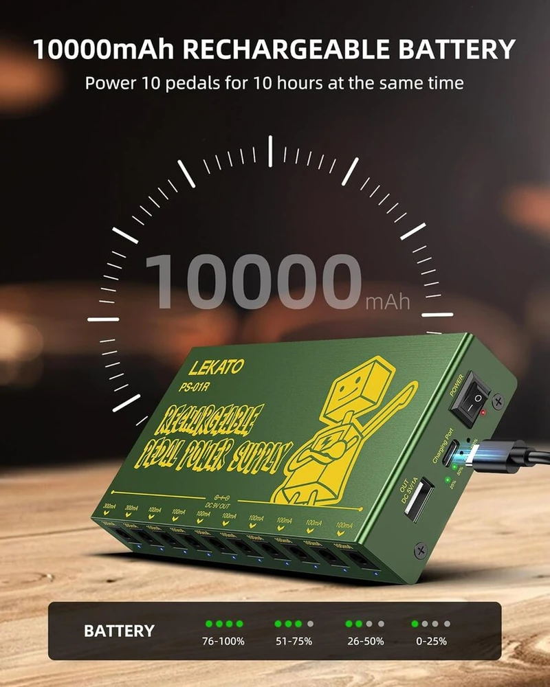 Lekato įkraunamas gitaros pedalo maitinimo šaltinis, integruota 10000mah baterija, izoliuotos 10 Dc išėjimų 9v (100ma, 300ma), efektų maitinimo šaltinis su apsauga nuo trumpojo jungimo