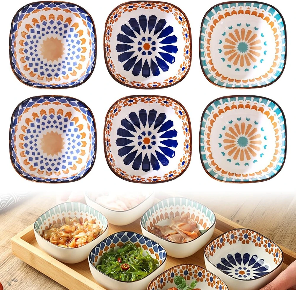 Lekefeto Boho stiliaus maži padažų indeliai: Keramikiniai padažų indeliai, 6 vnt. rinkinys, 200 ml prieskonių indeliai, kraunami sojų padažo indeliai, sojų padažo indeliai, skirti sojų padažui, užkandžiams, suši, skersmuo 9,4 cm