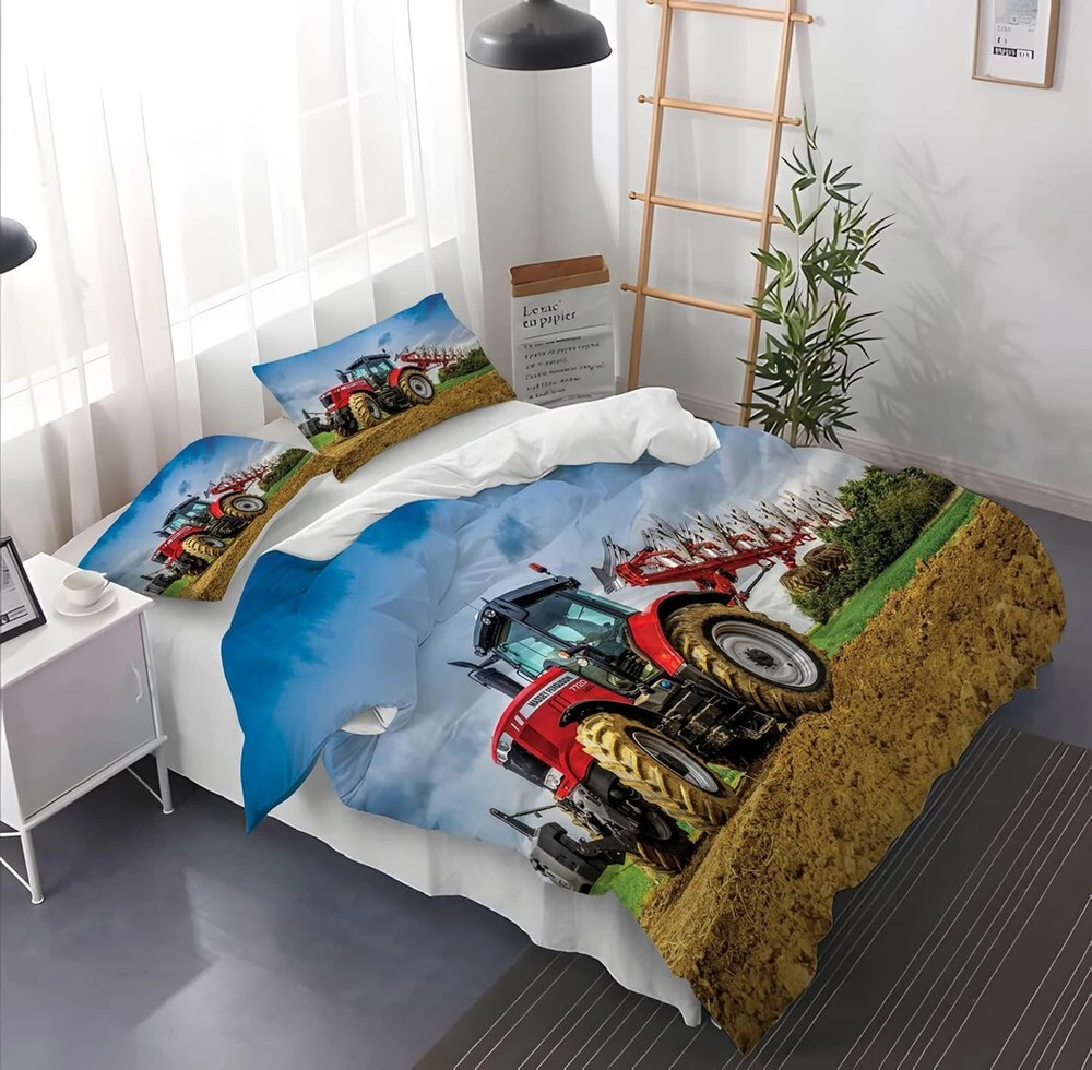 Leleyouzer 3d traktoriaus patalynės komplektas, 3 dalių traktoriaus vaikiškas patalynės komplektas su užtrauktuku ir 2 pagalvių užvalkalais 50 x 75 cm, vaikams, paaugliams, berniukams (t3, 135 x 200 cm)