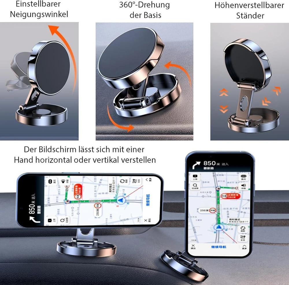 Leloco magnetinis telefono laikiklis automobiliui, 360° magnetinis telefono laikiklis automobiliui su lipniu pagrindu, 6 stiprūs magnetai ir 2 metalinės plokštelės, suderinamas su išmaniaisiais telefonais iki 6,5 colio, juodas