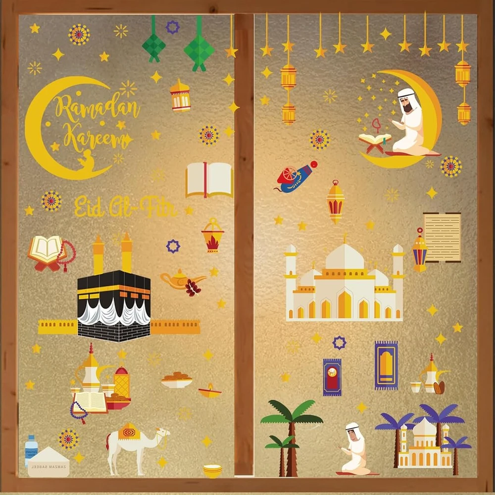 Leonshco 196 lapų ramadano langų paveikslėliai, lipnūs ramadano lipdukai, pvc žvaigždės mėnulio langų dekoracijos, eid mubarak dekoravimo langų lipdukai, ramadano dekoracijos vaikų kambariui, svetainei