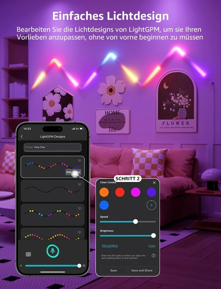 Lepro Ai Glide sieninis šviestuvas Wl1, sieninis šviestuvas su integruotu balso atpažinimu, muzikos sinchronizavimas, palaiko Alexa ir Google Assistant, Ai šviesos dizaino asistentas žaidimų vakarėlio sienų dekoravimui, 8 dalys ir 4