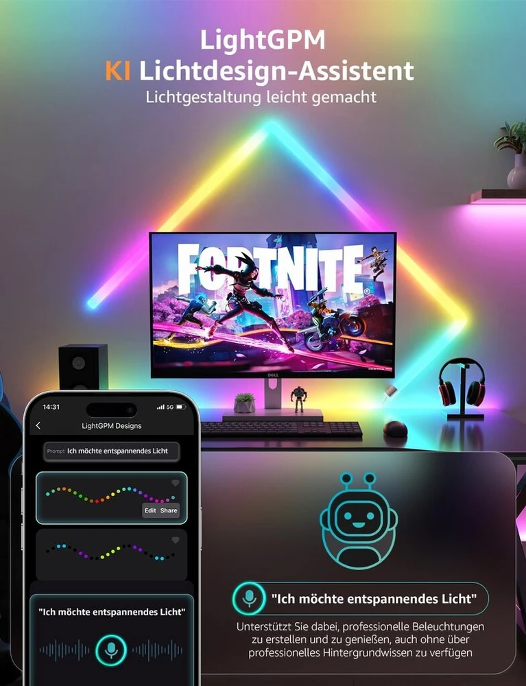 Lepro Ai Glide sieninis šviestuvas Wl1, sieninis šviestuvas su integruotu balso atpažinimu, muzikos sinchronizavimas, palaiko Alexa ir Google Assistant, Ai šviesos dizaino asistentas žaidimų vakarėlio sienų dekoravimui, 8 dalys ir 4