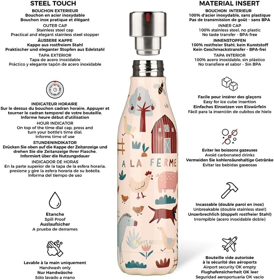 Les Artistes Paris A-4339 Bottle'up termosas, 500 ml, be Bpa, daugkartinio naudojimo, išlaiko karštį 12 valandų ir šaltį 24 valandas, nerūdijantis plienas, Design Farm