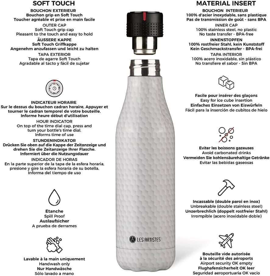 Les Artistes Paris Bottle Up A-8144 termosas, pagamintas iš nerūdijančio plieno ir polipropileno, korio raštas, 500 ml, matmenys: 7,05 cm x 7,05 cm x 25,4 cm