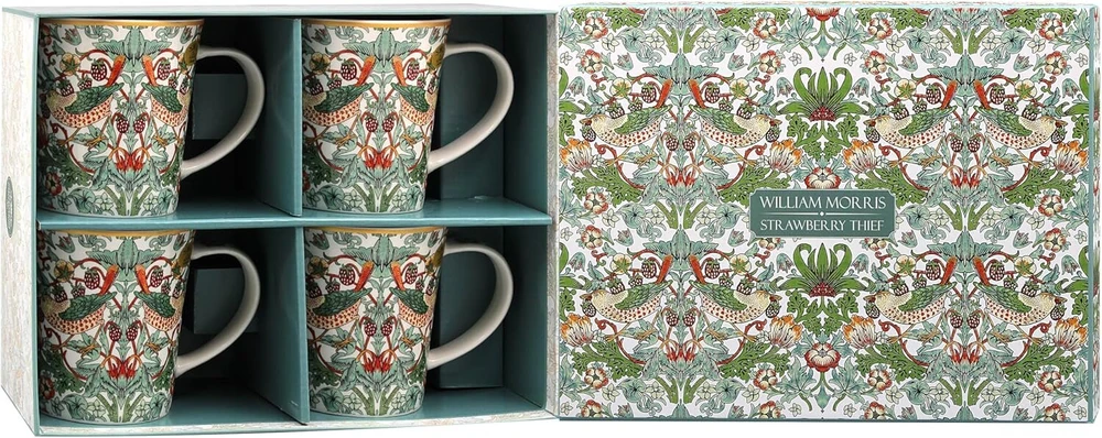 Lesser & Pavey William Morris Baltas Strawberry Thief keramikinių puodelių rinkinys su gražiu gėlių dizainu, 2 arba 4 derantys puodeliai su dovanų dėžute (4)