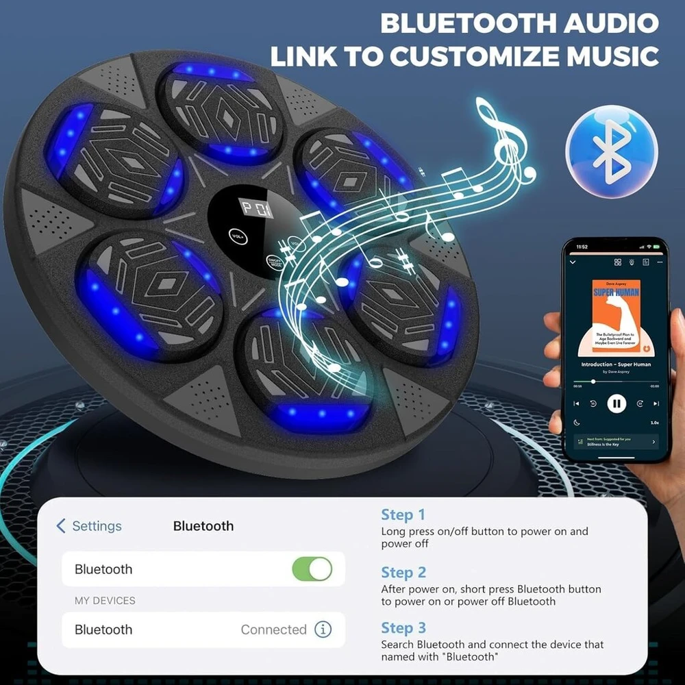 Leukoles muzikos bokso treniruoklis su bluetooth, led šviesos bokso treniruoklis su muzika ir bokso pirštinėmis, elektroninis bokso treniruoklis montuojamas ant sienos su 7 režimais