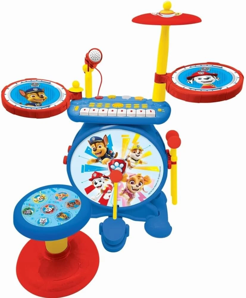 Stiprintuvas Lexibook K610pa Paw Patrol Helper on Four Paws Chase būgnų rinkinys vaikams, tikras skaitmeninis būgnų garsas, 8 natų klaviatūra, Mp3 jungtis, su sėdyne, mėlynas/raudonas