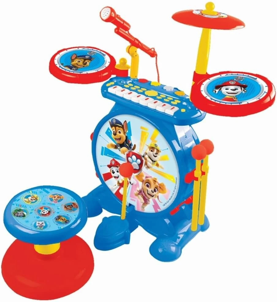 Stiprintuvas Lexibook K610pa Paw Patrol Helper on Four Paws Chase būgnų rinkinys vaikams, tikras skaitmeninis būgnų garsas, 8 natų klaviatūra, Mp3 jungtis, su sėdyne, mėlynas/raudonas