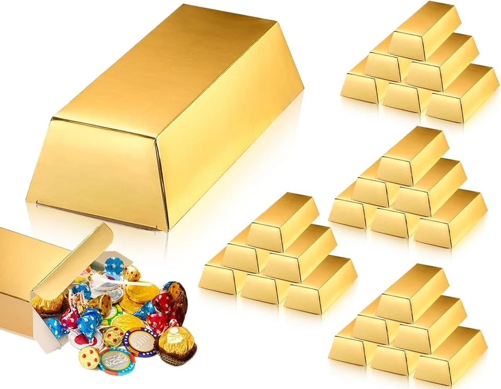 Lhbwhiz 24 auksinių batonėlių saldainių dėžučių pakuotė, Goldtaler dėžutė, lobių plytų aukso folijos popierinės dėžutės, vakarėlio lobių šokolado dėžutė, gimtadienio dekoracija, vestuvėms, piratų vakarėlio reikmenys (14,5 x 5 x 3 cm)