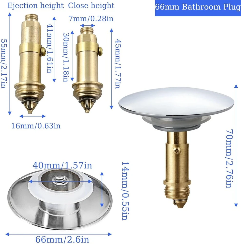 Lianchen pop-up kriauklės kamštis universalus vonios kamštis tvirtas žalvarinis chromuotas su spyruokliniu mechanizmu kriauklės vonios kambario kanalizacijos montavimui (skersmuo 66 mm)