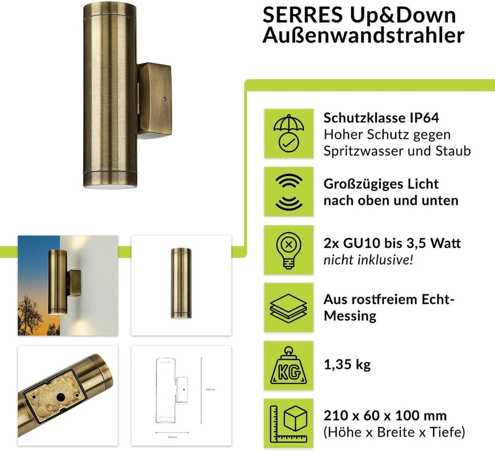 Licht-erlebnisse Serres sieninis šviestuvas, antikvarinis žalvaris, Ip64, terasai, balkonui, gylis: 10 cm, Gu10, maks. 3,5 W, aukštyn ir žemyn, 2 lemputės, nostalgiškas lauko sieninis šviestuvas