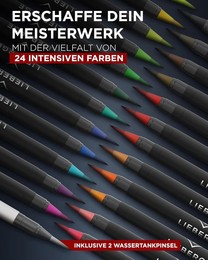 Lieberge Premium teptukų rinkinys - 24 akvarelės spalvos + 2 teptukai su vandens talpykla - teptukas su lanksčiu galiuku akvarelei, rankų rašymui, bullet journal, kaligrafijai