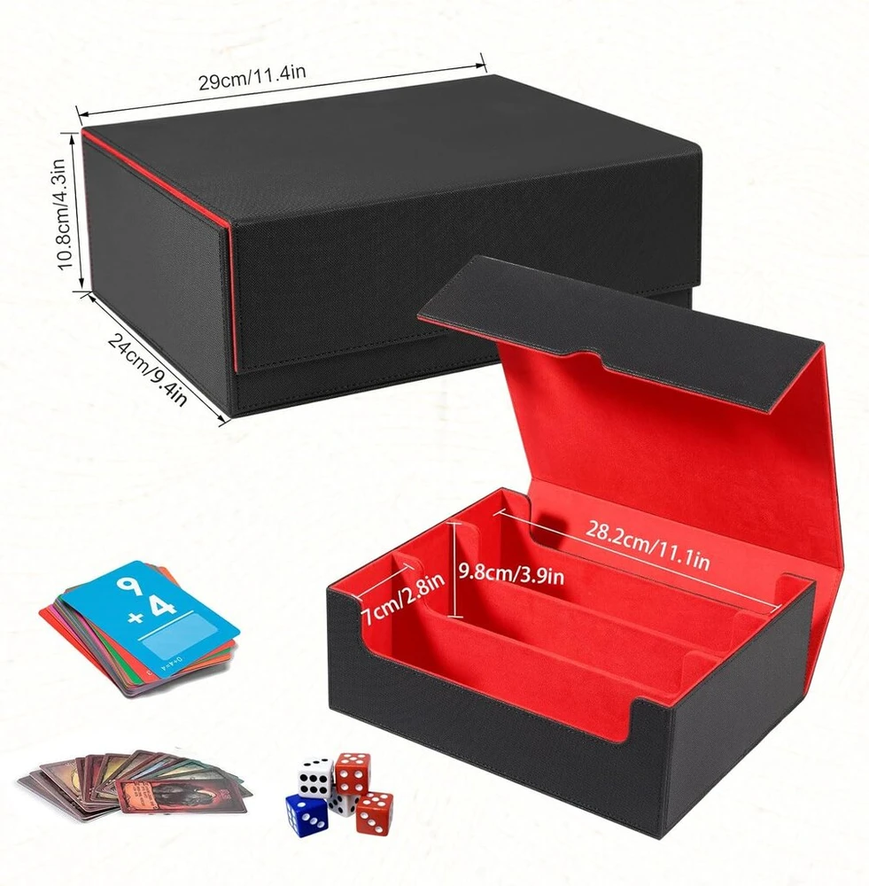 Lifejxwen dėžutė prekybos kortelių saugojimui, kortų kaladės dėžutė mtg 1800+ magnetinėms kortelėms, dėklas su 8 skirtukais, pu odinis dėklas prekybos kortelėms, skirtas yugioh/mtg/tcg/ccg kortelėms, juoda raudona