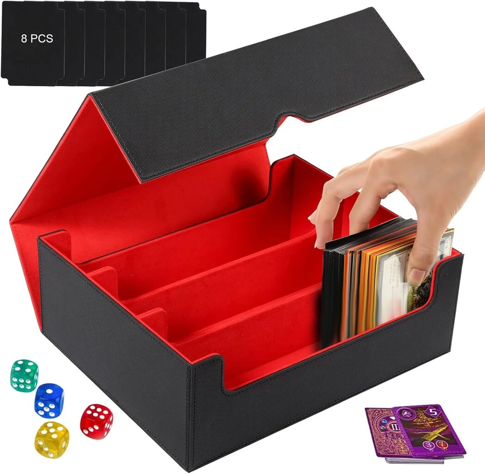 Lifejxwen dėžutė prekybos kortelių saugojimui, kortų kaladės dėžutė mtg 1800+ magnetinėms kortelėms, dėklas su 8 skirtukais, pu odinis dėklas prekybos kortelėms, skirtas yugioh/mtg/tcg/ccg kortelėms, juoda raudona