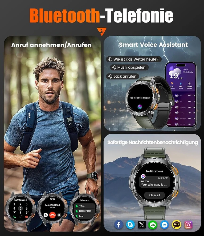 Lige gps išmanusis laikrodis vyrams, karinis, 48 mm, led žibintuvėlis/ip68 atsparus vandeniui/30+ dienų baterija, 1.43 amoled hd fitneso laikrodis su telefono funkcija, kompasas, barometras, altimetras, 110+ sporto režimų, android ios