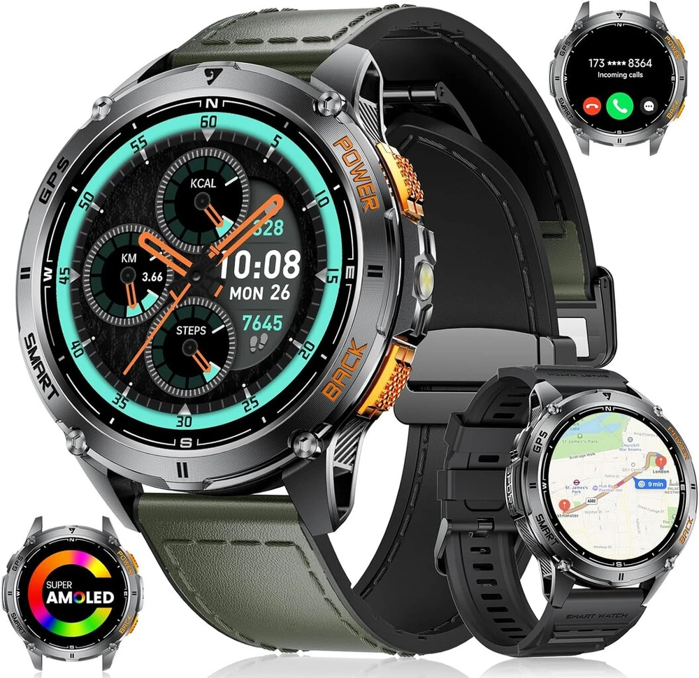 Lige gps išmanusis laikrodis vyrams, karinis, 48 mm, led žibintuvėlis/ip68 atsparus vandeniui/30+ dienų baterija, 1.43 amoled hd fitneso laikrodis su telefono funkcija, kompasas, barometras, altimetras, 110+ sporto režimų, android ios