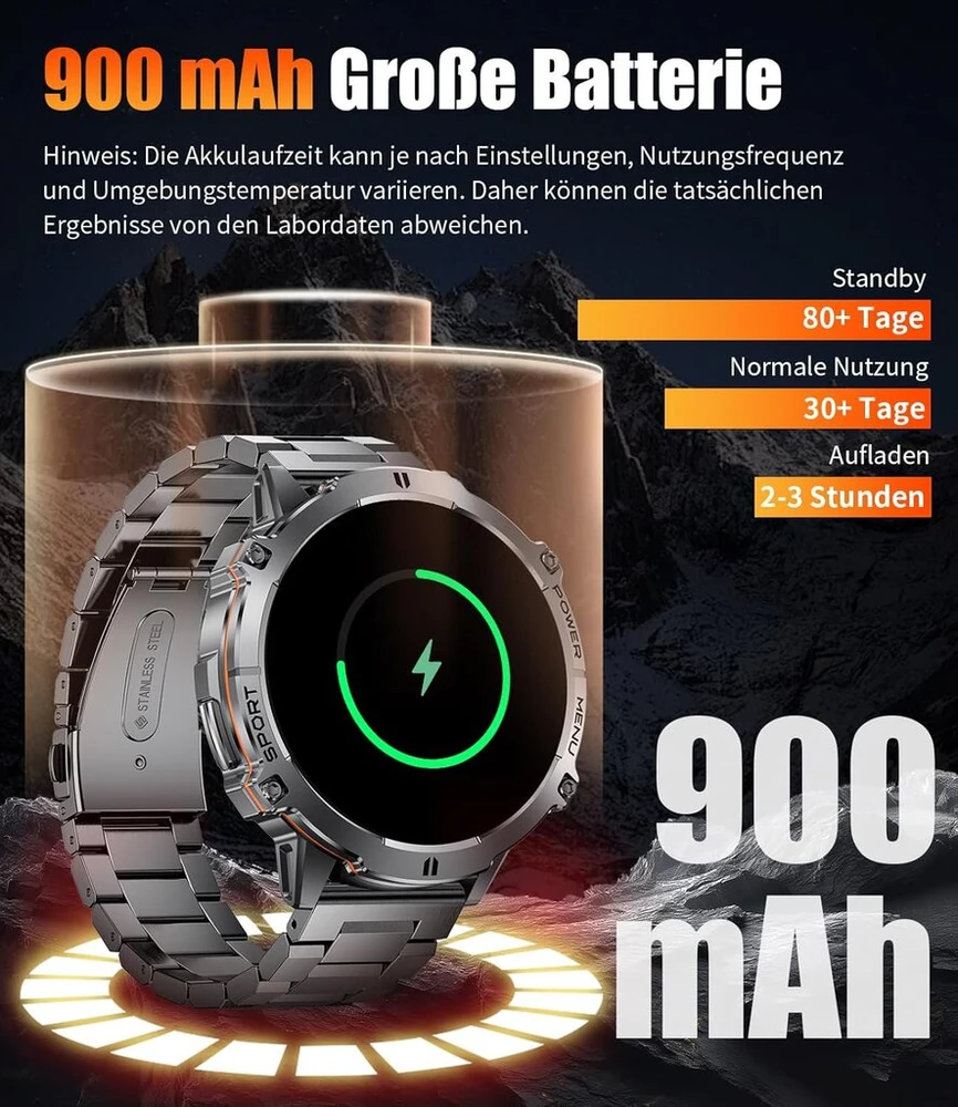 Lige išmanusis laikrodis vyrams su itin ilgu budėjimo režimu (80+), 1,73 colio amoled hd pedometro laikrodis su 900 mah baterija / bluetooth skambučiai / 110+ sporto režimų / miego stebėjimas, android ios išmanusis laikrodis, atsparus vandeniui