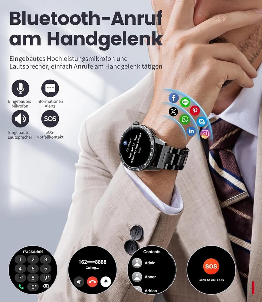 Lige išmanusis laikrodis vyrams su metaliniu dirželiu, skirtas Android Ios, 1.43 colio amoled ekranas, 110+ sporto režimų, bluetooth skambučiai, ip68 vandeniui atsparus fitneso laikrodis su širdies ritmo, spo2, miego monitoriumi, 3 apyrankės