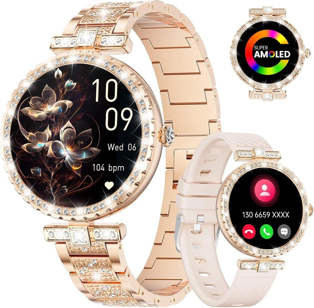 Lige moteriškas išmanusis laikrodis su telefono funkcija, 1.19 colio Amoled fitneso sekiklis su daugiau nei 100 sporto režimų, 24 valandų širdies ritmo miego monitorius, menstruacijų ciklas, Ip68 deimantinis išmanusis laikrodis, skirtas Android Ios, rožin
