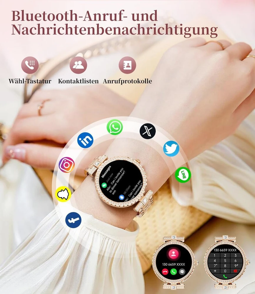 Lige moteriškas išmanusis laikrodis su telefono funkcija, 1.19 colio Amoled fitneso sekiklis su daugiau nei 100 sporto režimų, 24 valandų širdies ritmo miego monitorius, menstruacijų ciklas, Ip68 deimantinis išmanusis laikrodis, skirtas Android Ios, rožin