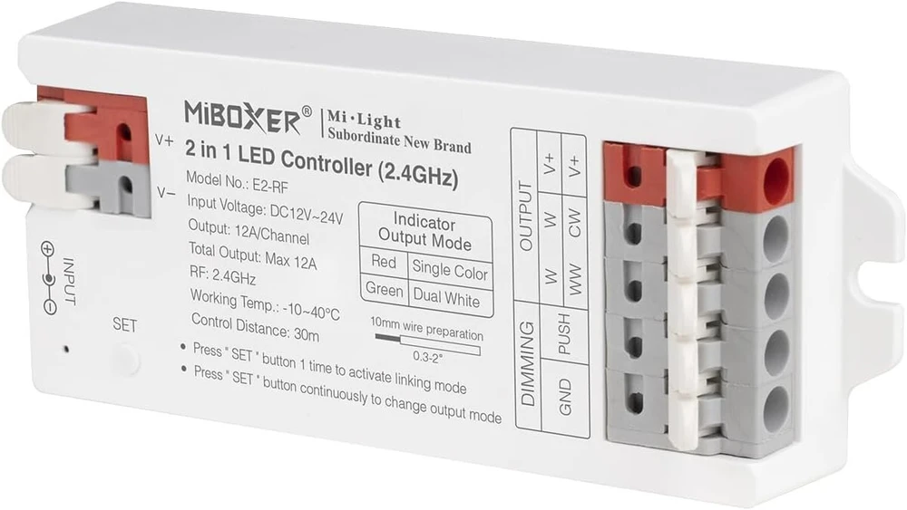 Lighteu®, Milight Miboxer 2 in 1 led valdiklis 2.4 ghz led juostos valdiklis dc12v/24v išėjimas max 12a, palaiko push dim, e2-rf